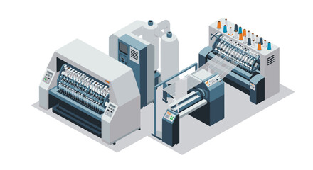 Obraz premium Isometric textile machinery set with embroidery and yarn equipment for industrial use
