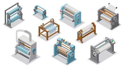 Isometric industrial textile machines set for manufacturing and production design