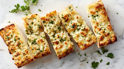 A plate of bread with cheese and parsley on top. The bread is cut into six pieces