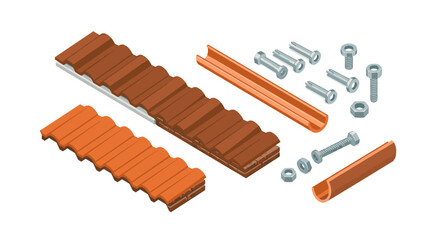 Isometric metal roofing and fasteners set with screws and panels