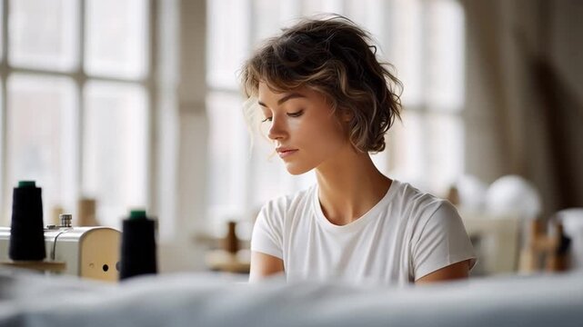 A young woman sews soft fabric pieces with steady hands on an electric sewing machine in bright daylight, focusing carefully on detail and precision - Powered by Adobe