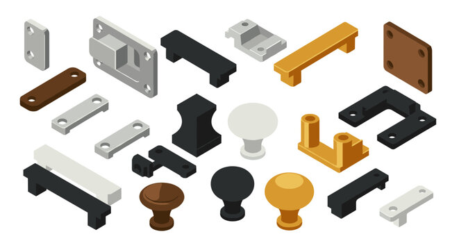 Isometric furniture hardware collection showcasing diverse handles and knobs