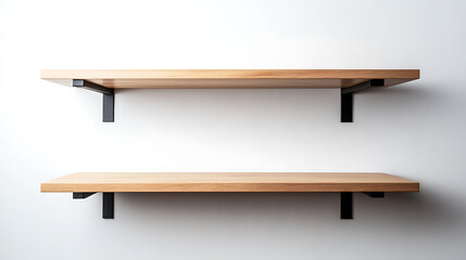 Two floating shelves mounted on a clean white wall, creating a modern and minimalist storage solution. The warm tone of the wood contrasts with the sleek black brackets.
