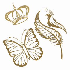 Fototapeta premium Elegant Gold Crown Feather Bird and Butterfly Vector Set – Luxury Ornamental Line Art