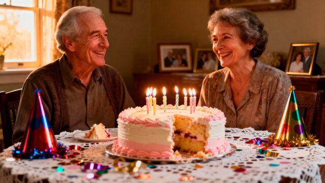Smiling senior couple at birthday table, a joyful celebration of lifelong partnership, creating an atmosphere of warm nostalgia and cherished moments. - Powered by Adobe