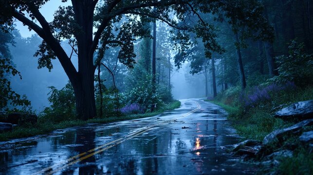 Rainy forest road with reflections and fog through Appalachian woodland