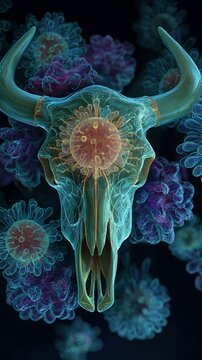 Animal anthrax disease conceptual glowing cattle skull surrounded neon Bacillus anthracis spores veterinary pathology abstract art