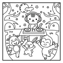 Cartoon animals partying with a tiger DJ under the moon and stars in a black and white illustration