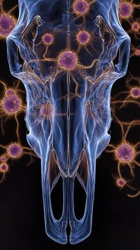 Animal anthrax disease conceptual glowing cattle skull surrounded neon Bacillus anthracis spores veterinary pathology abstract art