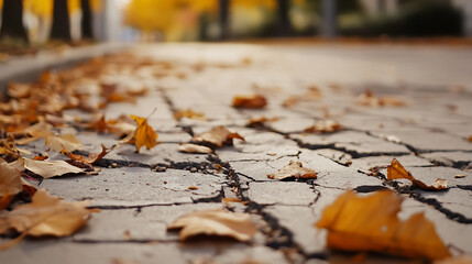 Naklejka premium A ground level shot features a cracked pavement road scattered with autumn leaves, creating a textured and colorful scene evocative of the fall season. A textural autumn scene.