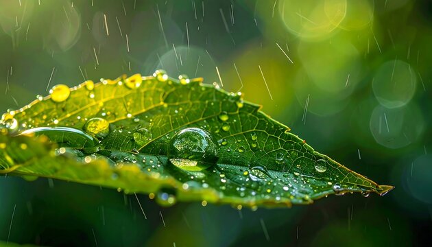 Raindrops on a green leaf against blurred bokeh background - Powered by Adobe