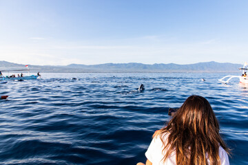 Fototapeta premium Experience the magic of swimming with dolphins on a vibrant ocean adventure, capturing unforgettable moments on your phone under a clear blue sky