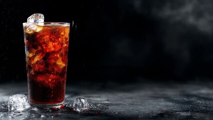 Refreshing dark carbonated drink with ice cubes in a tall glass, fizzing and bubbling on a dramatic black background. - Powered by Adobe