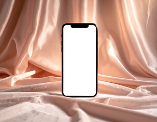 A modern smartphone with a blank screen sits on draped, silky fabric, bathed in soft light creating a luxurious, inviting composition