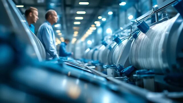 A wide angle perspective of a production hall filled with large silos and automated conveyors workers inspecting machinery with focused expressions polished industrial surfaces