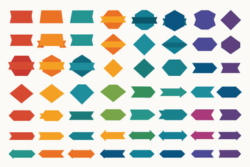 flat geometric ribbon labels set 50 designs trapezoid hexagon diamond arrow shapes flat solid fills clean vector edges.