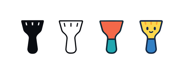 Vector icon ice scraper car winter same pose same proportions four styles black solid glyph outline minimal flat multicolor filled cartoon flat shaded.