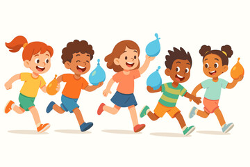 Children running water balloon fight cartoon flat vector illustration 5 kids with balloons bright pastel palette playful energetic mood.
