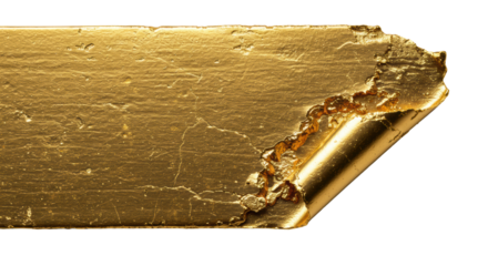 Opulent molten gold foil brush stroke, torn edge revealing abraded inner texture, on transparent. Macro close-up, low-angle, dramatic chiaroscuro. Abstract luxurious detail study of texture