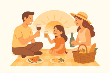 Family celebrating summer picnic at sunset cartoon flat vector illustration 3 people with food basket and drinks pastel warm palette cozy festive mood.