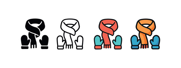 Vector icon scarf and mittens set winter same pose same proportions four styles black solid glyph outline minimal flat multicolor filled cartoon flat shaded.