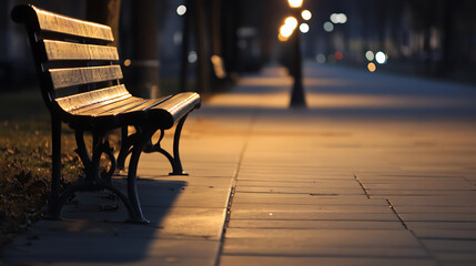 Fototapeta premium A tranquil night scene featuring a wooden bench illuminated by soft streetlights. The empty seat invites quiet contemplation amidst the peaceful urban ambiance. Serene.