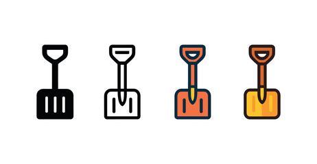 Vector icon snow shovel small winter same pose same proportions four styles black solid glyph outline minimal flat multicolor filled cartoon flat shaded.