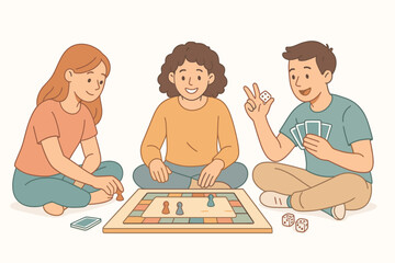 Friends playing board games cartoon flat vector illustration 3 subjects with dice and cards pastel tones relaxed playful mood.