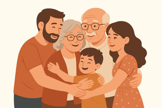Family visiting grandparents detailed flat vector illustration 5 people hugging and chatting warm pastel palette emotional mood.