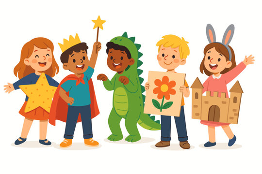 Children preparing school play cartoon flat vector illustration 5 kids with costumes and props playful multicolor palette joyful atmosphere.