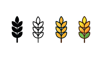 Vector icon barley ears thanksgiving same pose same proportions four styles black solid glyph outline minimal flat multicolor filled cartoon flat shaded.