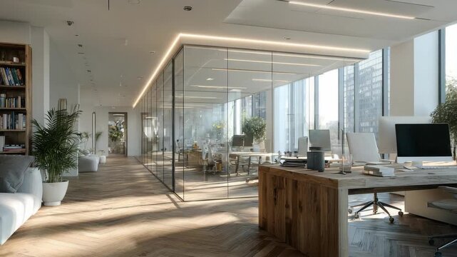 Modern Open Office Interior with Glass Walls, Wooden Desks, and City View, Emphasizing Natural Light and Contemporary Design