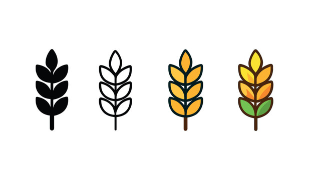 Vector icon barley ears thanksgiving same pose same proportions four styles black solid glyph outline minimal flat multicolor filled cartoon flat shaded.