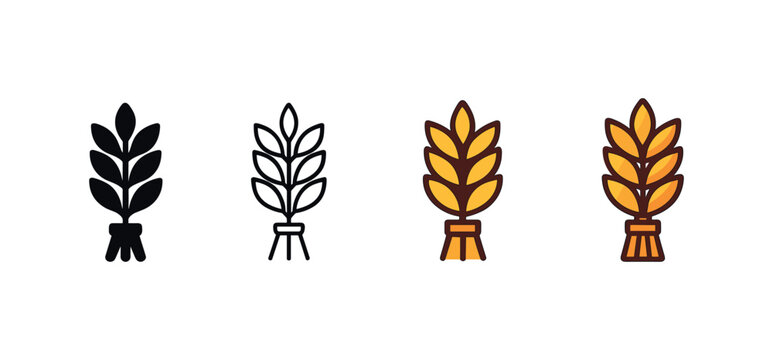 Vector icon wheat sheaf thanksgiving same pose same proportions four styles black solid glyph outline minimal flat multicolor filled cartoon flat shaded.