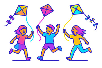 Children flying colorful kites flat neon vector illustration 3 kids with kites bright neon palette joyful active mood.