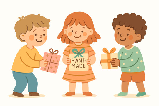 Children exchanging handmade gifts doodle flat vector illustration 3 kids with wrapped boxes pastel palette playful festive mood.