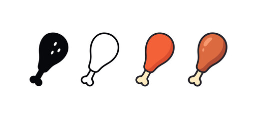 Vector icon turkey leg roasted thanksgiving same pose same proportions four styles black solid glyph outline minimal flat multicolor filled cartoon flat shaded.