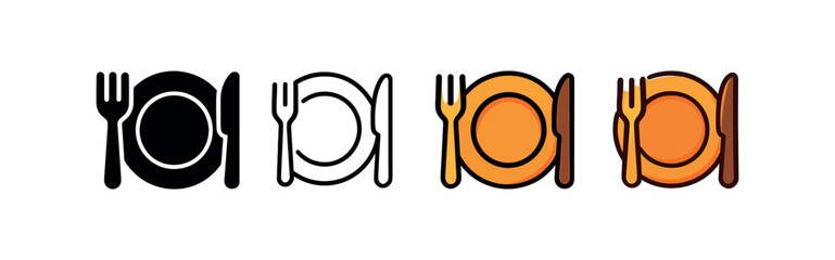 Vector icon dining plate cutlery thanksgiving same pose same proportions four styles black solid glyph outline minimal flat multicolor filled cartoon flat shaded.