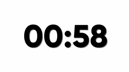 Black digital timer displaying 00 58 with shadow on white background countdown clock