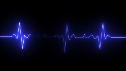 Glowing blue electrocardiogram line pulsing on a dark black background heart pulse