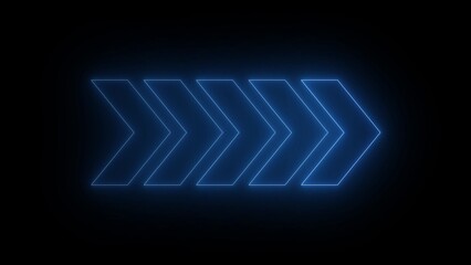 Glowing blue chevron arrows pointing right on black background neon light