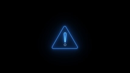Glowing blue neon triangle with exclamation mark warning symbol on black background alert danger