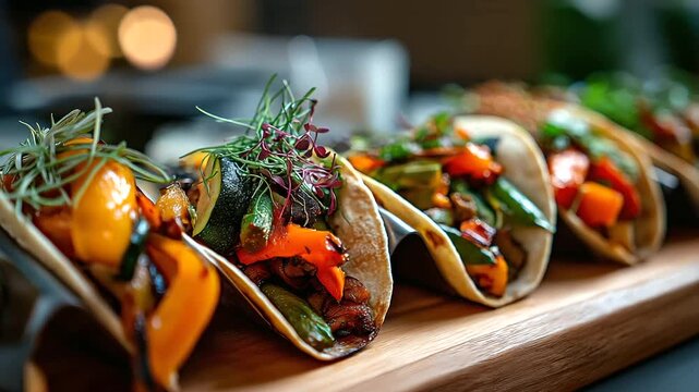 A selection of vegetarian tacos displayed on a wooden board roasted bell peppers zucchini and black beans topped with fresh herbs and colorful garnishes tortillas slightly char