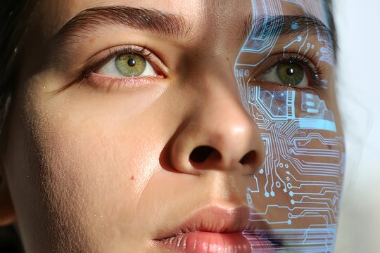 Detailed close-up portrait of a young woman with intense green eyes, augmented by blue digital circuit patterns on the skin, symbolizing artificial intelligence and future biometric technology.