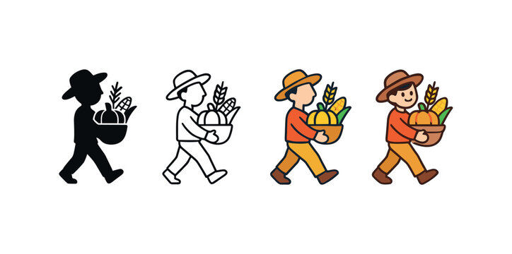 Vector icon harvest parade thanksgiving same pose same proportions four styles black solid glyph outline minimal flat multicolor filled cartoon flat shaded.