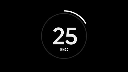 White twenty five second timer countdown circle graphic on black background seconds