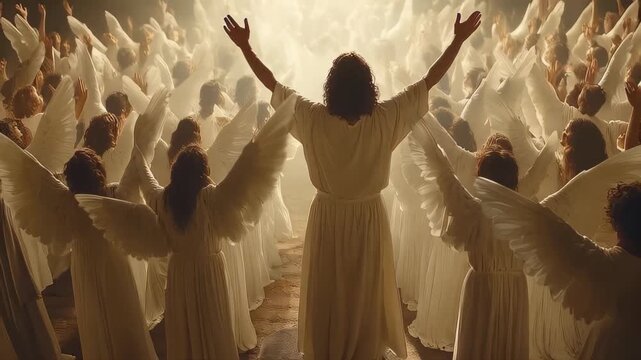 Jesus inspires a gathering of angels in a powerful display of faith and devotion to Christianity