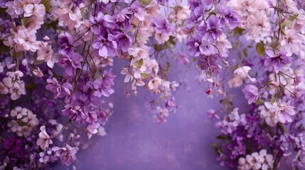 A purple and pink flower arrangement with a purple background. The flowers are hanging from a tree and are in full bloom. Concept of beauty and tranquility