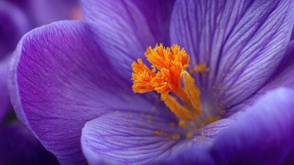 A close up of a purple flower with an orange center. The flower is in full bloom and has a very delicate appearance. The color combination of purple and orange creates a sense of warmth and vibrancy