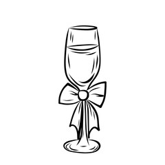 Line art illustration glass wit drink. Glass goblet champagne or wine decorated bow isolated on white background.
